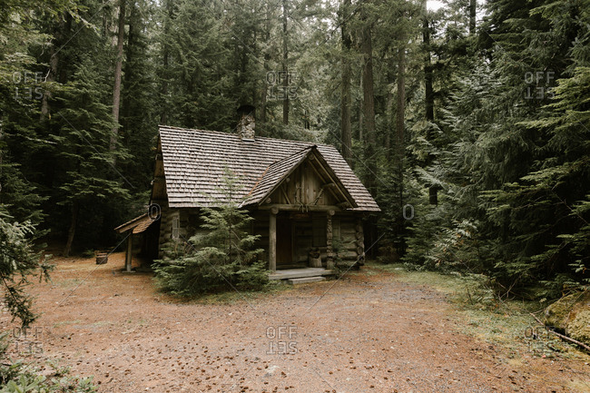 Rustic log cabin in the woods stock photo - OFFSET