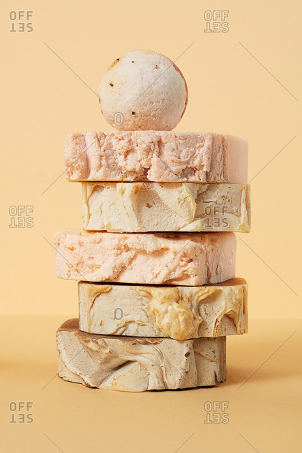 Still life of natural hand made soap and bath bombs on neutral background