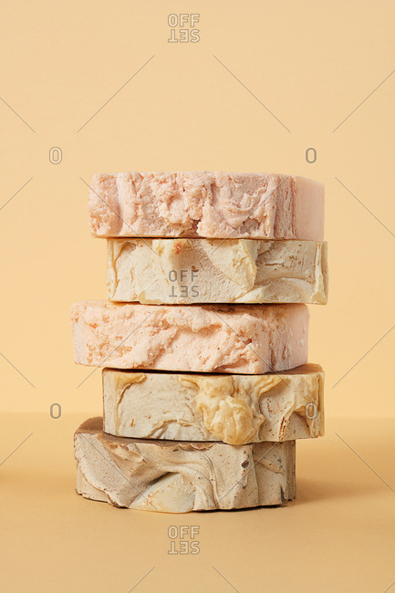 Still life of natural hand made soap and bath bombs on neutral background