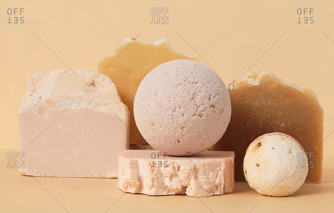 Still life of natural hand made soap and bath bombs on neutral background