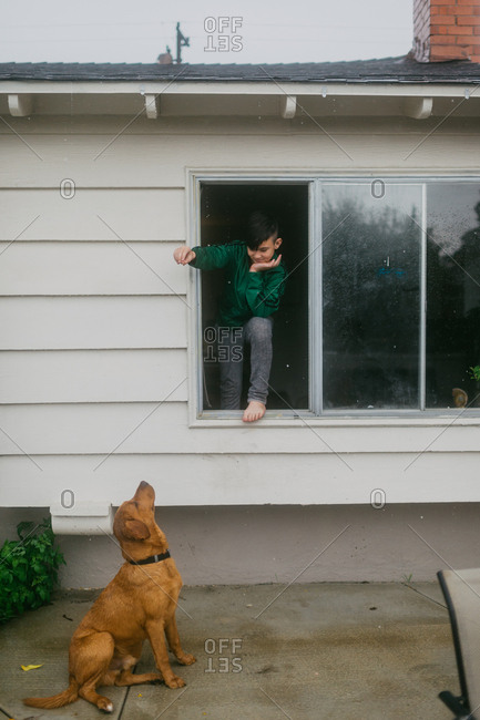 Boy holding treat out window for dog to catch