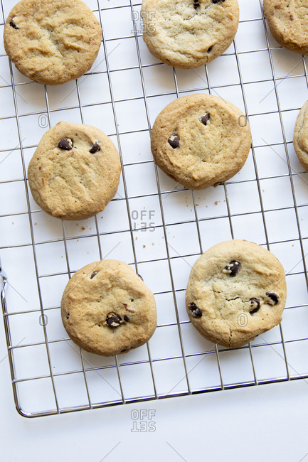 Close-up of chunk cookies cooling on a wire rack