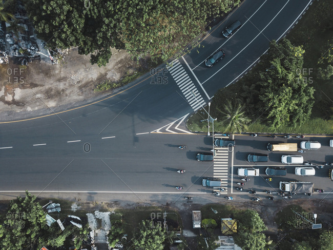 Indonesia- Bali- Sanur- Aerial view of cars and motorbikes on the road