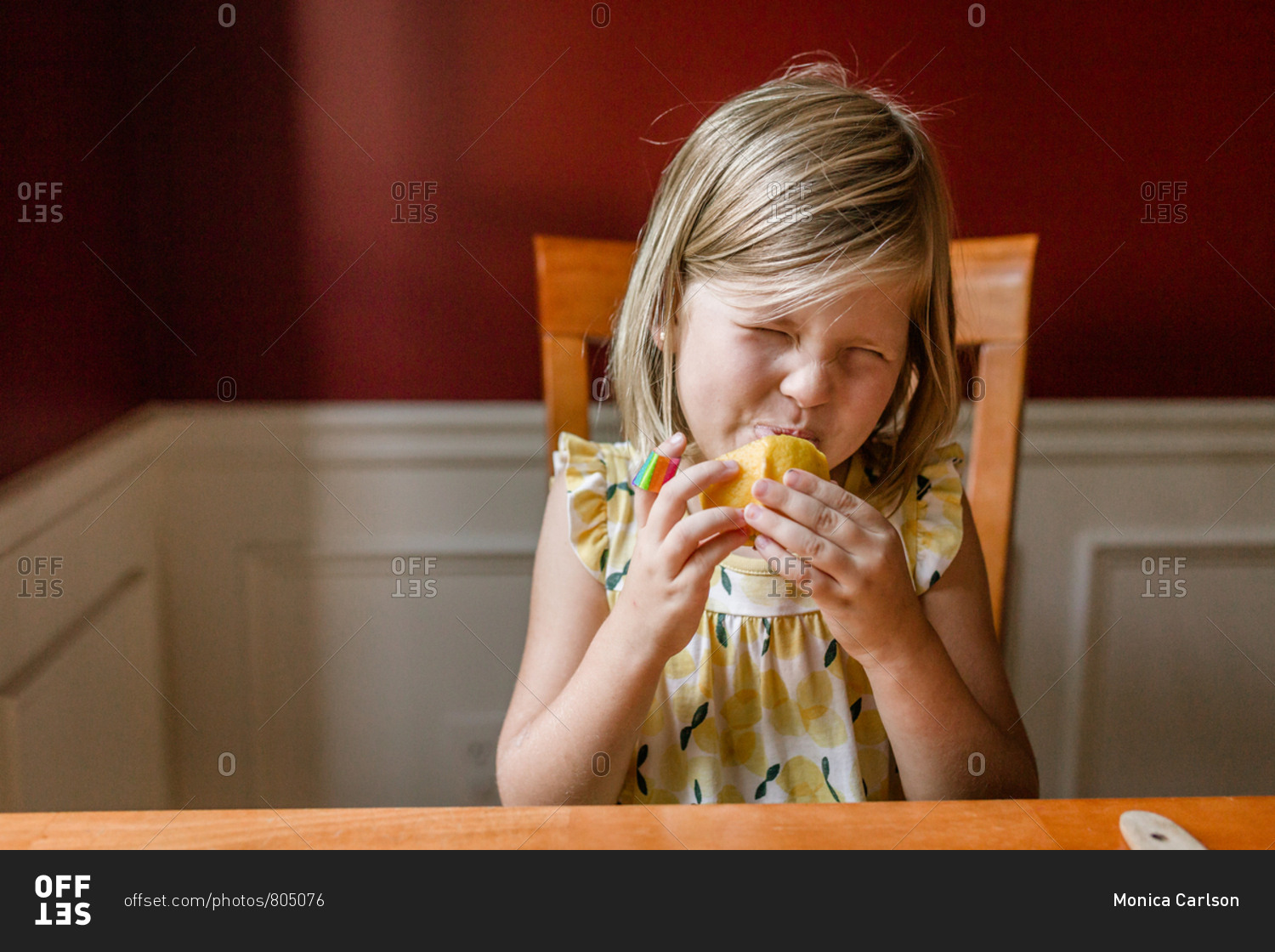 Little girl eating a lemon and making a sour face
