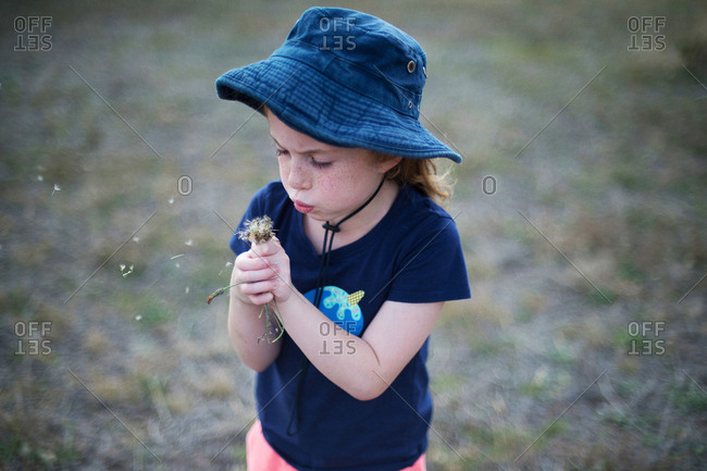 Girl picks flower and blows petals into wind making a wish