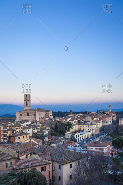 Italy- Umbria- Perugia- view of the city valley and its surrounding hills at sunset