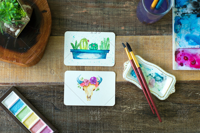 Mexican watercolor, cactus and cattle cow paintings.