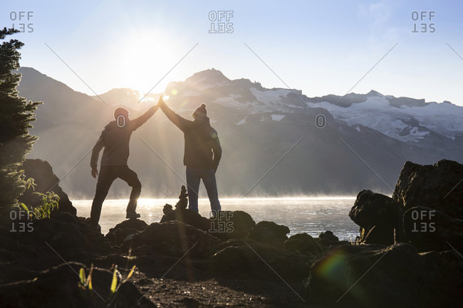 September 3, 2018: Canada, British Columbia, Garibaldi Provincial Park, two men at Lake Garibaldi