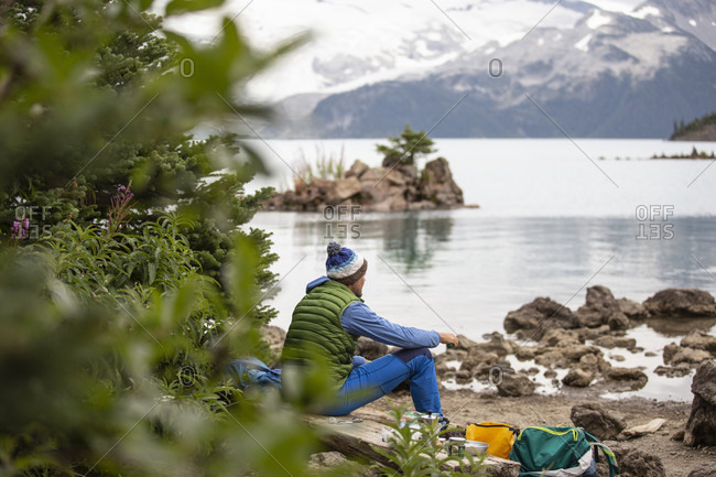 September 2, 2018: Canada, British Columbia, Garibaldi Provincial Park, man at Lake Garibaldi