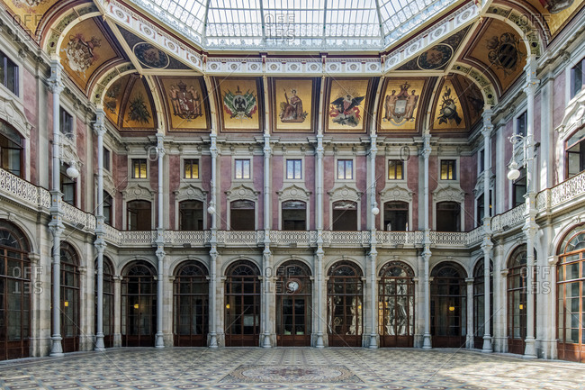 April 10, 2019: Ornate pillars in Stock Exchange Palace, Porto, Portugal
