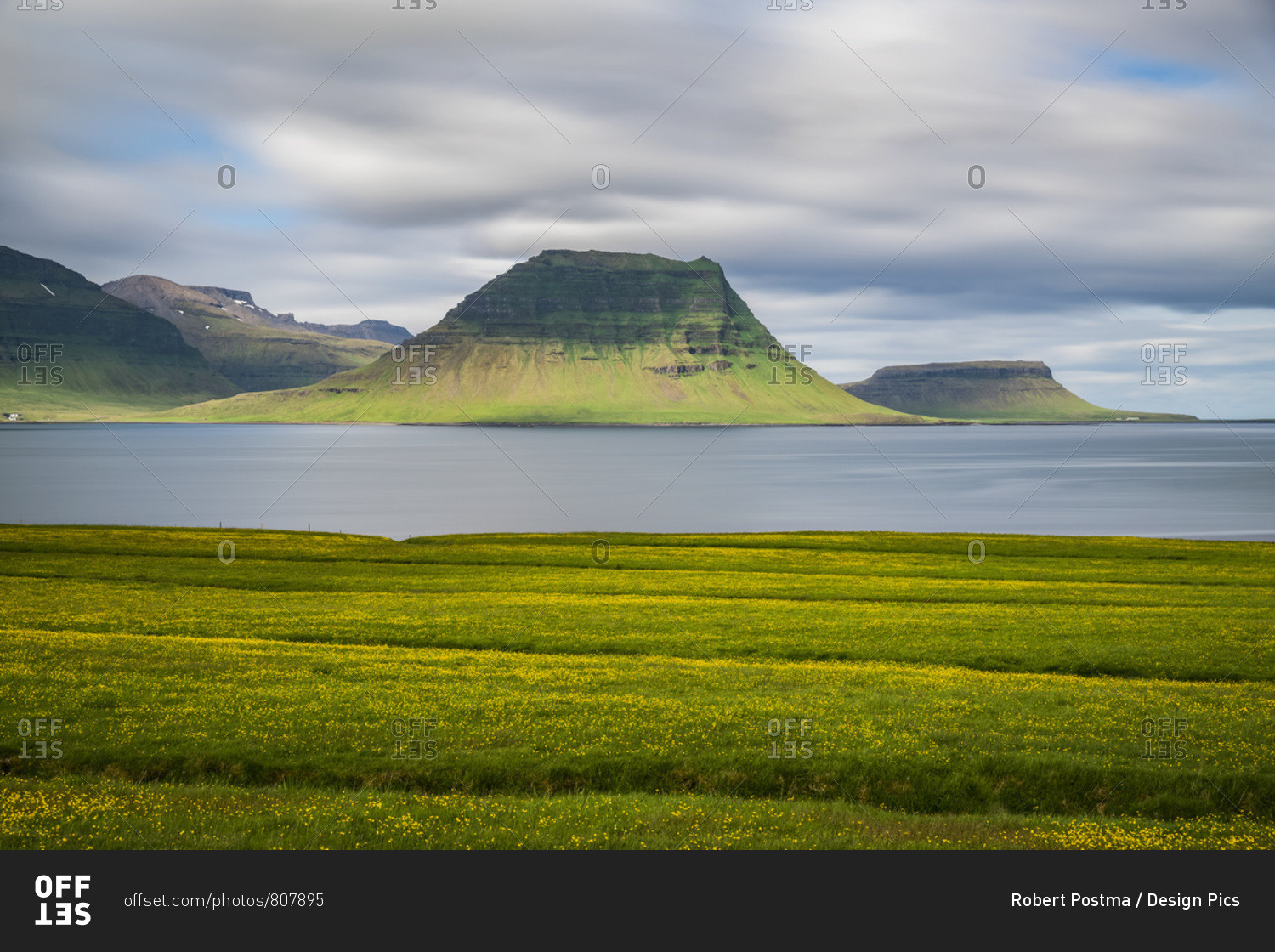 Kirkjufell seen from a distance with a long exposure, Snaefellsness Peninsula; Iceland