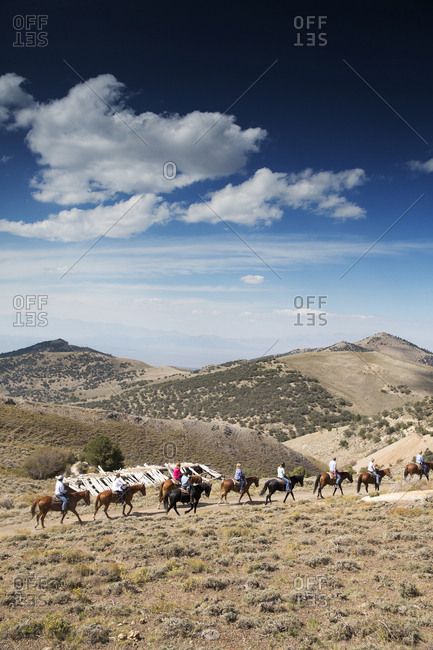 USA, Nevada, Wells, - September 20, 2014:  guests can participate in Horse-Back Riding Excursions during their stay at Mustang Monument, A sustainable luxury eco friendly resort and preserve for wild horses, Saving America's Mustangs Foundation