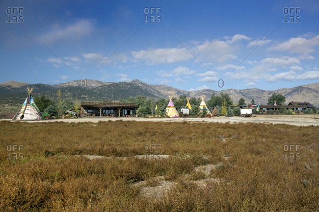 USA, Nevada, Wells, - September 22, 2014:  colorful tipis are scattered all over Mustang Monument, A sustainable luxury eco friendly resort and preserve for wild horses, Saving America's Mustangs Foundation