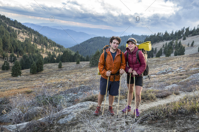 USA, Oregon, Ashland, - October 30, 2014:  6 year old Christian Rego aka Buddy Backpacker hikes a section of the Pacific Crest Trail near Ashland Oregon with his mom Andrea Rego and Dion, Christian will be the youngest hiker to complete the Pacific Crest Trail in a single season