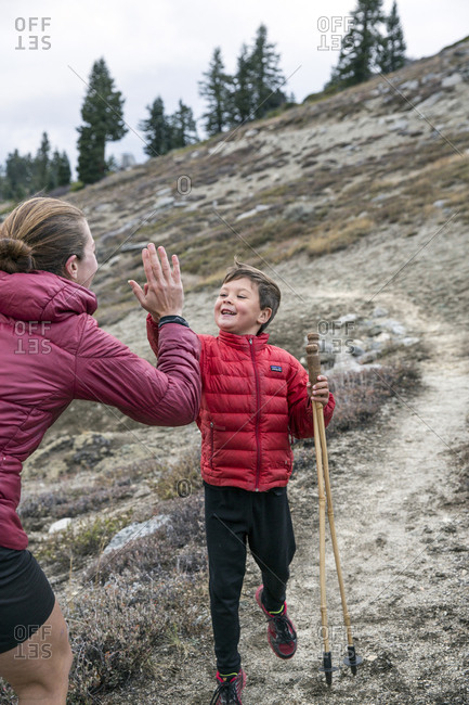 USA, Oregon, Ashland, - October 30, 2014:  6 year old Christian Rego aka Buddy Backpacker hikes a section of the Pacific Crest Trail near Ashland Oregon with his mom Andrea Rego and Dion, Christian will be the youngest hiker to complete the Pacific Crest Trail in a single season