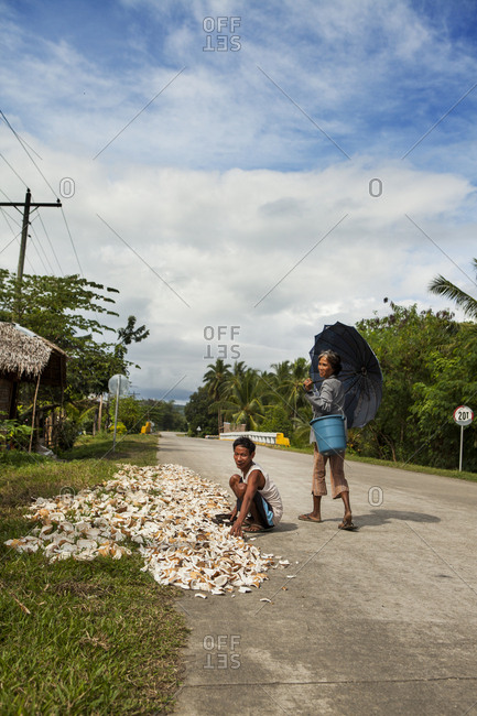PHILIPPINES, Palawan, Batak, Tanabag River, - February 7, 2011:  drying coconut on the roadside between Puerto Princessa and Tanabag