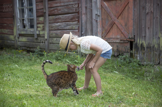 Girl playing with cat