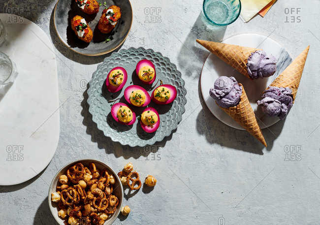 Overhead view of a spread of elevated midwestern snacks
