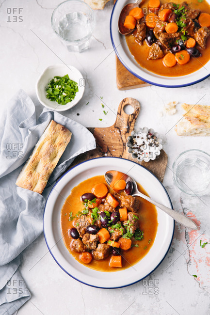 Overhead view of bowls of beef stew