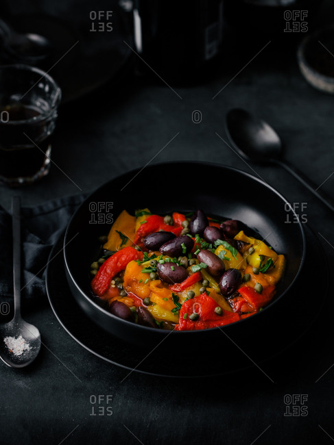 Roasted sweet peppers and olives