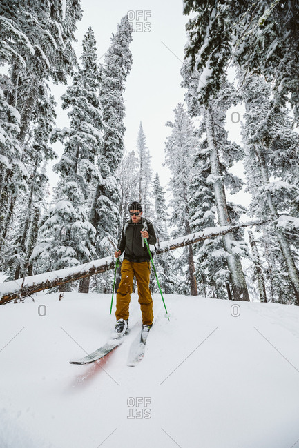 Lone skier comes out the trees during a winter adventure