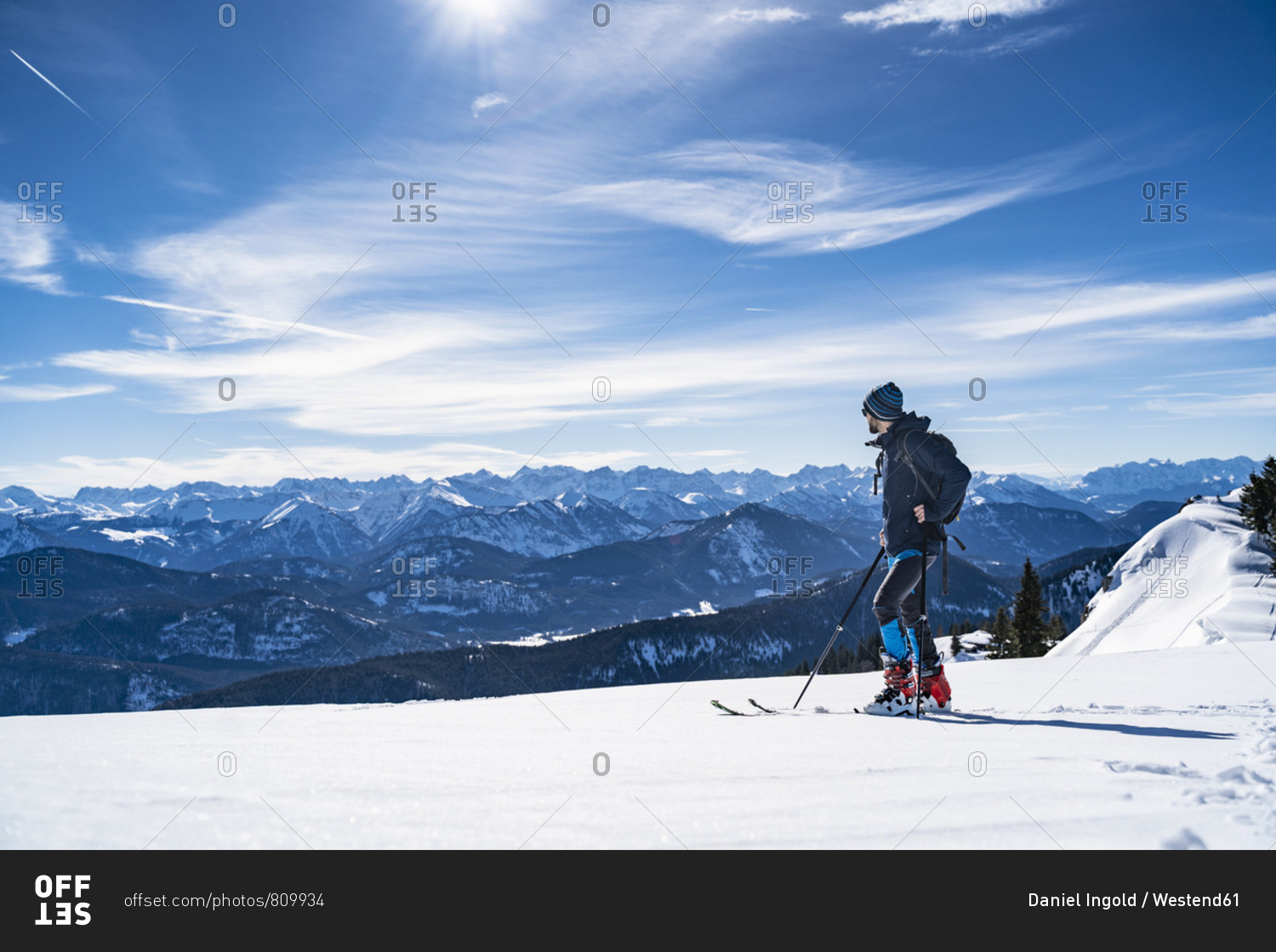 Germany- Bavaria- Brauneck- man on a ski tour in winter in the mountains