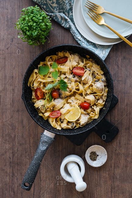 Pasta dish in a skillet