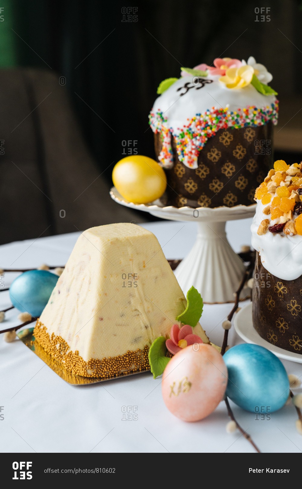 Gourmet pyramid shaped cake and Easter eggs