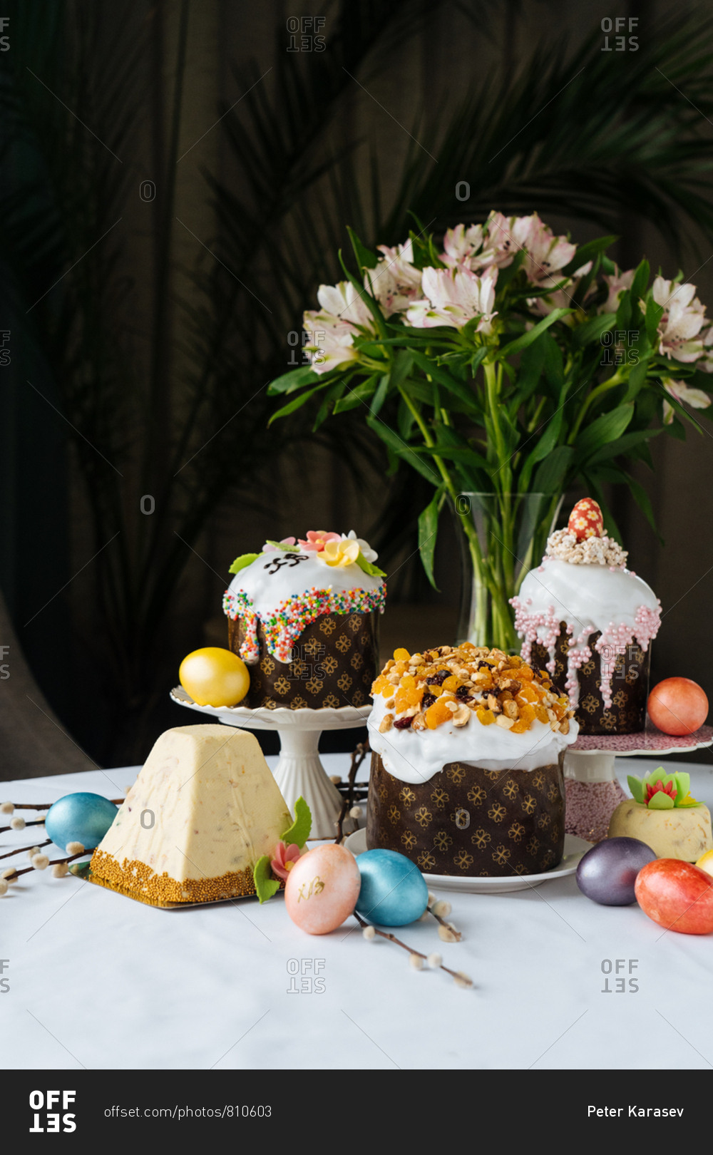 Colorful Easter eggs and gourmet cakes
