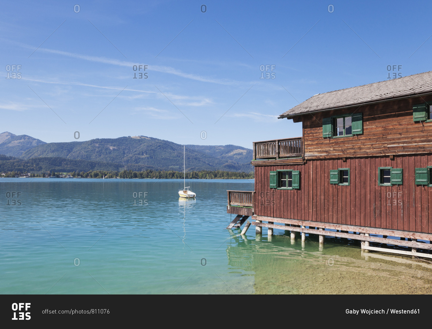 Austria- Alps- Salzburg- Salzkammergut- Salzburger Land- Wolfgangsee- boat and lake house in St. Wolfgang