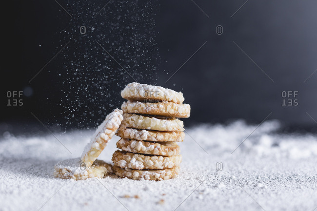Short crust pastry- stacked- sugar rim- icing sugar