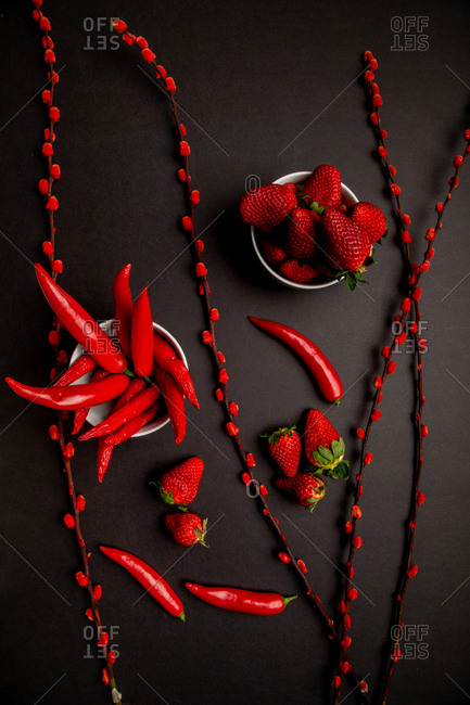 Red fabric and twigs with bright buds placed on black background near hot chili peppers and sweet ripe strawberries