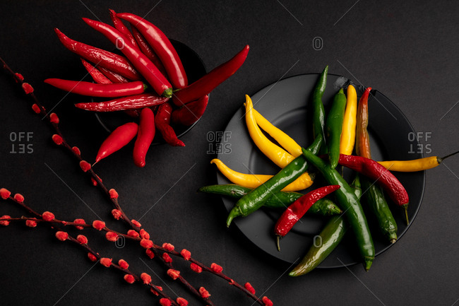 Red fabric and twigs with bright buds placed on black background near hot chili peppers and sweet ripe strawberries