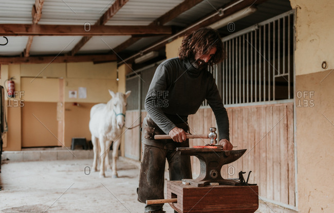 Adult farrier using hammer and tongs to forge hot horseshoe on portable anvil near stable on ranch