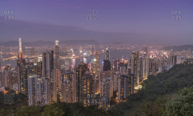 Hong Kong, China, View from Victoria Peak over Hong Kong - November 11, 2018: Cityscape at sunset from Victoria Peak in Hong Kong, China