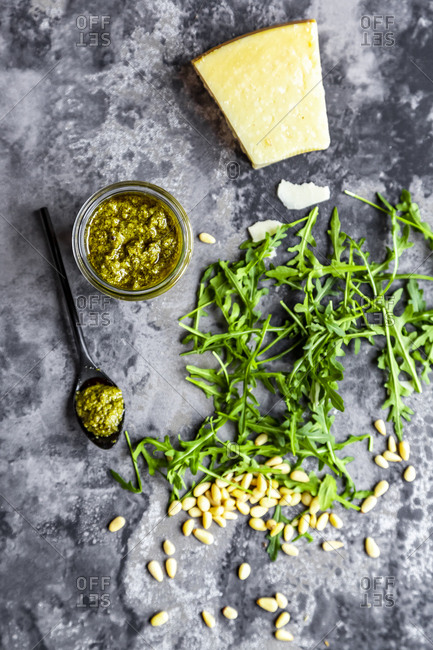 Homemade rocket pesto- pine nuts- parmesan and rocket- from above