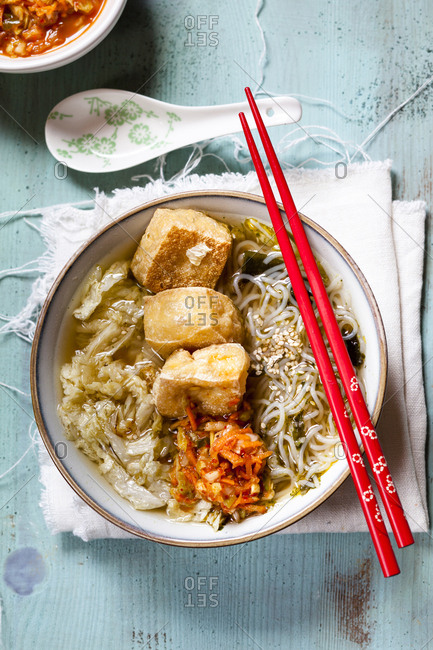 Asian noodle soup with cabbage- tofu- shirataki noodles and homemade kimchi