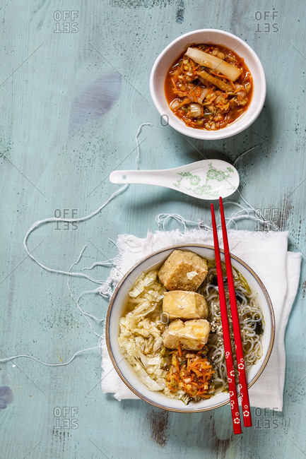 Asian noodle soup with cabbage- tofu- shirataki noodles and homemade kimchi
