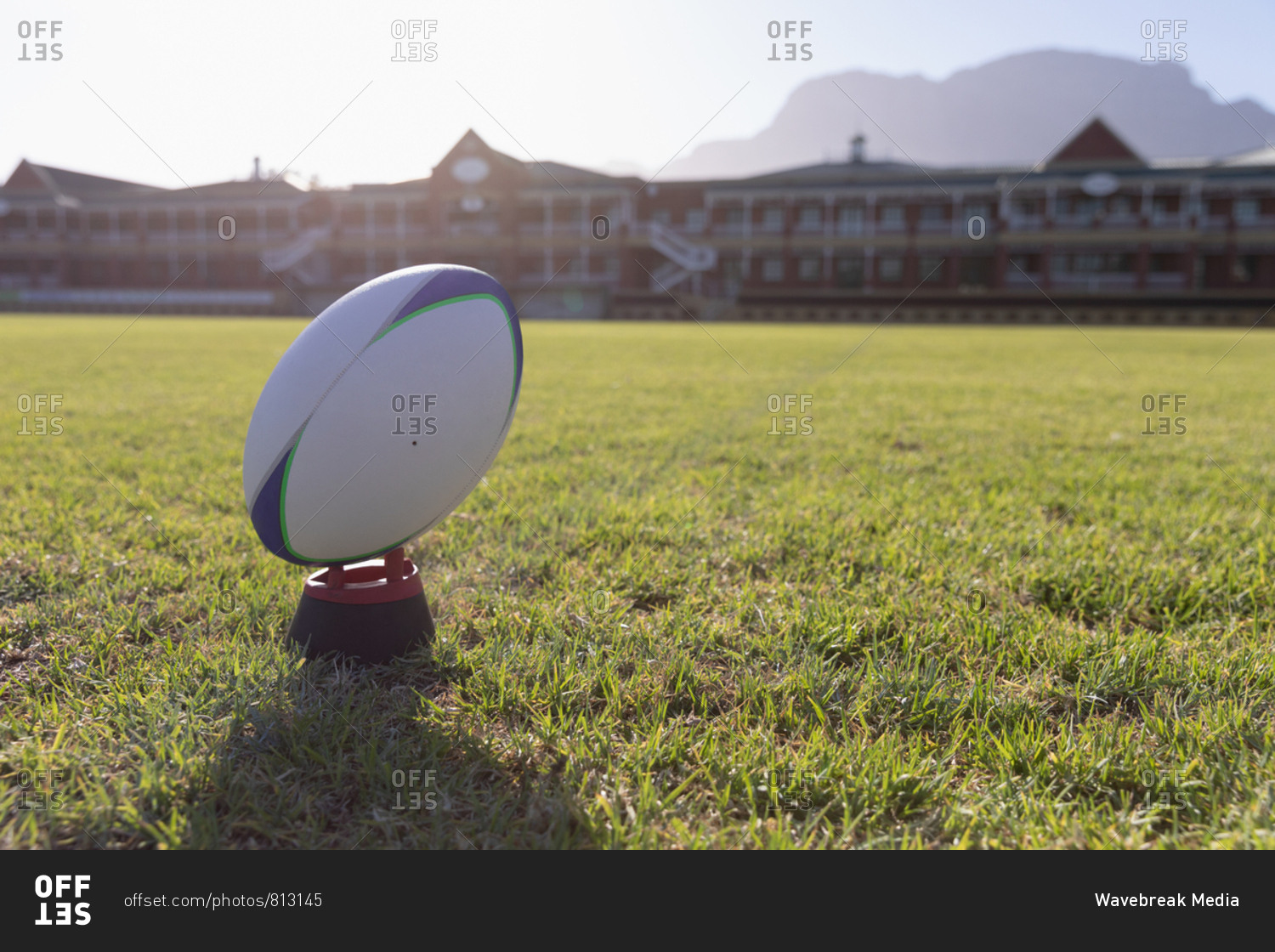 Rugby ball on a stand in the ground