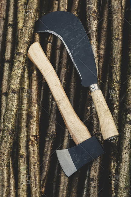 High angle close up of axe and bill hook lying on bunch of wooden stakes used in traditional hedge building.