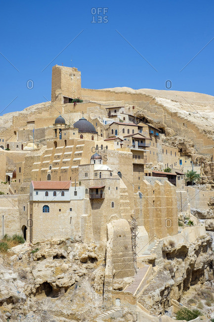 Palestine, West Bank, Bethlehem Governorate, Al-Ubeidiya. Mar Saba monastery, built into the cliffs of the Kidron Valley in the Judean Desert.