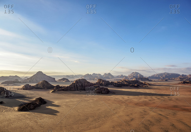 Landscape of Wadi Rum, aerial view from a balloon, Aqaba Governorate, Jordan