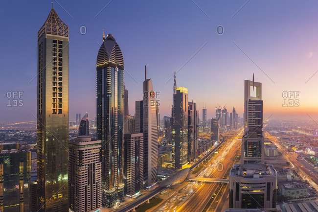 January 11, 2017: UAE, Dubai, Sheik Zayed Road, Gevora Hotel (far left tallest hotel in the world as of 2018)