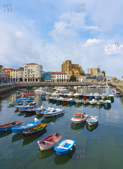 July 11, 2018: Spain, Cantabria, Castro-Urdiales, harbor, Santa Maria church and Santa Ana castle