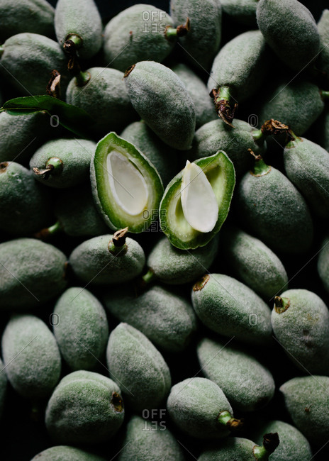 Close up of a sliced green almond