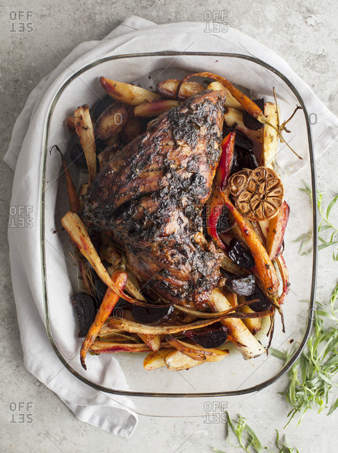 Tarragon Leg of Lamb with roasted root vegetables