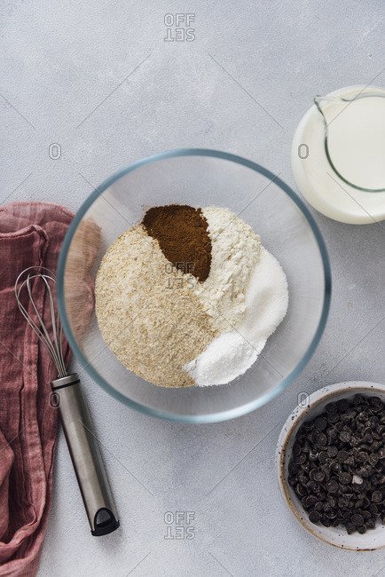 Dry ingredients for an egg free pancake recipe ready in a mixing bowl