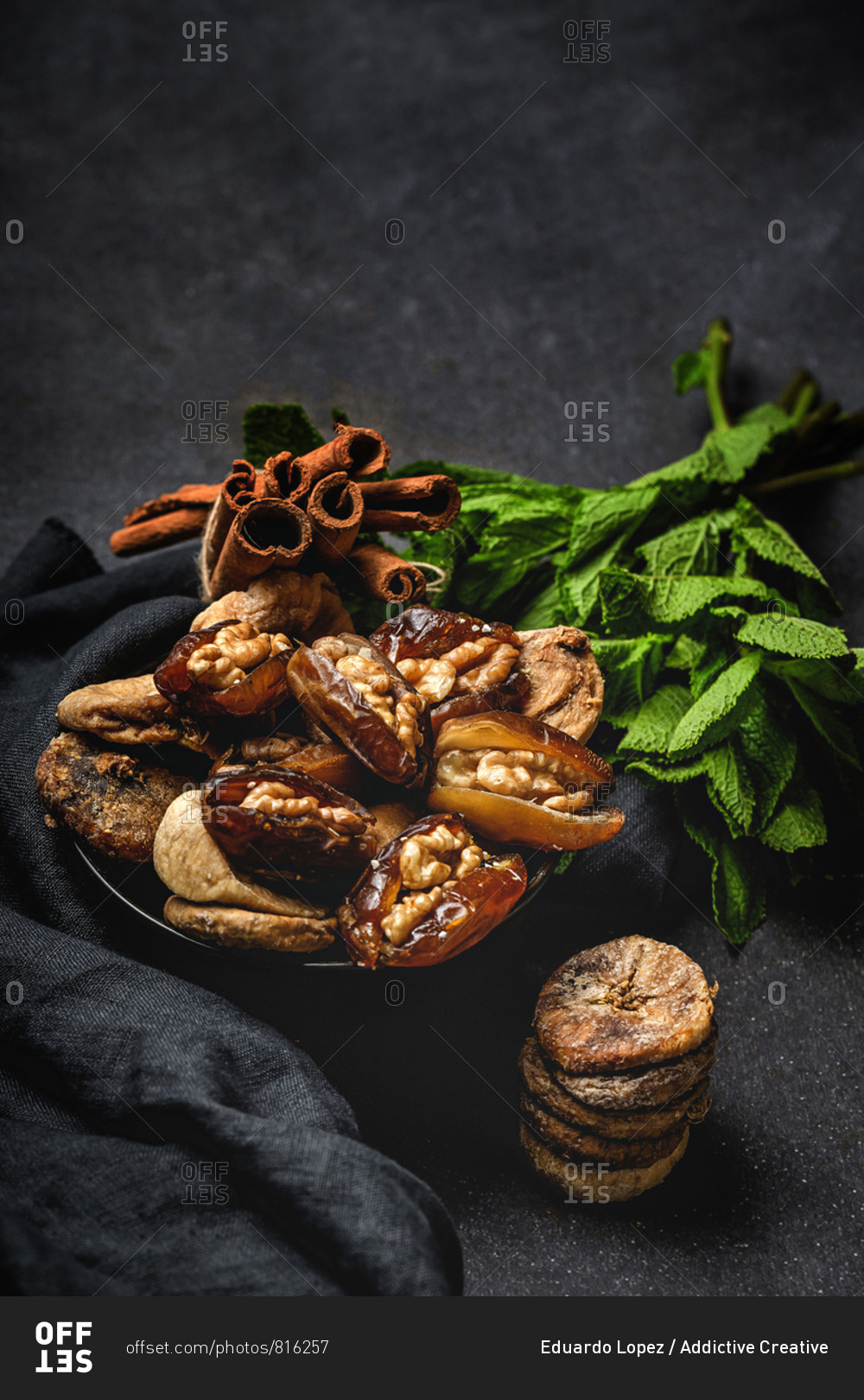 Dates fruits with and dried figs , mint and cinnamon Muslim halal snack for Ramadan