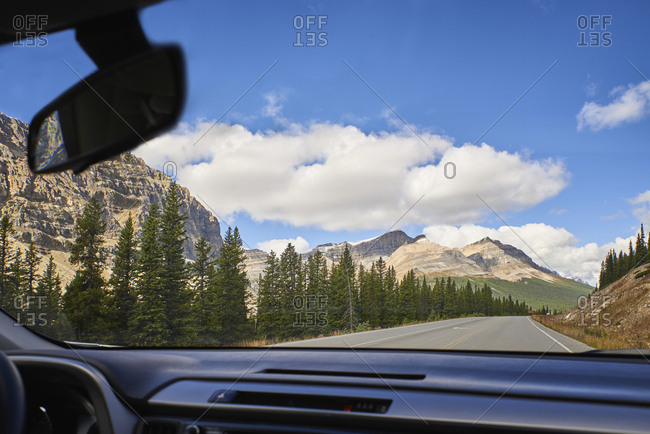 Canada- Alberta- Jasper National Park- Banff National Park- Icefields Parkway- road and landscape seen through windscreen