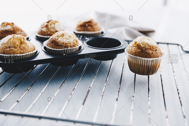 Home-baked muffins in muffin tray on cooling grid